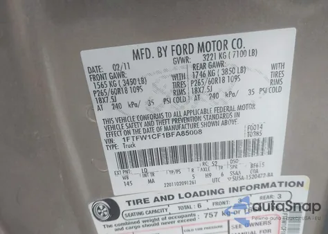 2011 Ford F-150 Xlt из США, поврежденный, VIN 1FTFW1CF1BFA85008